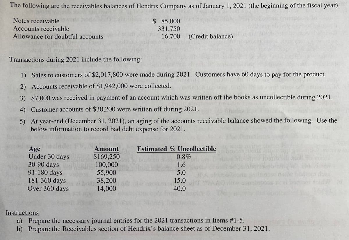 The following are the receivables balances of Hendrix Company as of January 1, 2021 (the beginning of the fiscal year).
$ 85,000
331,750
Notes receivable
Accounts receivable
Allowance for doubtful accounts
Transactions during 2021 include the following:
1) Sales to customers of $2,017,800 were made during 2021. Customers have 60 days to pay for the product.
2) Accounts receivable of $1,942,000 were collected.
3) $7,000 was received in payment of an account which was written off the books as uncollectible during 2021.
4) Customer accounts of $30,200 were written off during 2021.
16,700 (Credit balance)
5) At year-end (December 31, 2021), an aging of the accounts receivable balance showed the following. Use the
below information to record bad debt expense for 2021.
Age
Under 30 days
30-90 days
91-180 days
181-360 days
Over 360 days
Amount
$169,250
100,000
55,900
38,200
14,000
Estimated % Uncollectible
0.8%
1.6
5.0
15.0
40.0
SHA
Instructions
a) Prepare the necessary journal entries for the 2021 transactions in Items #1-5.
b) Prepare the Receivables section of Hendrix's balance sheet as of December 31, 2021.