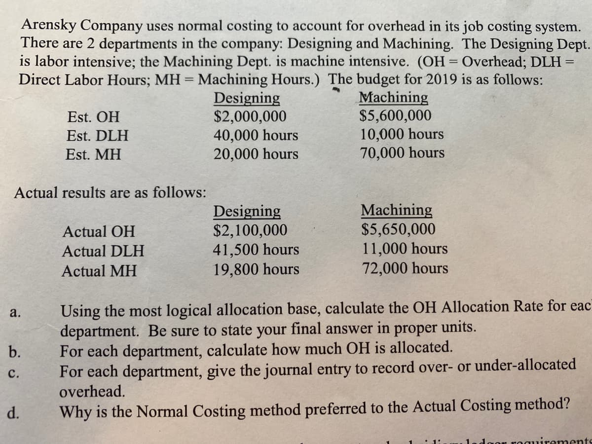 Arensky Company uses normal costing to account for overhead in its job costing system.
There are
departments in the company: Designing and Machining. The Designing Dept.
is labor intensive; the Machining Dept. is machine intensive. (OH- Overhead; DLH =
Direct Labor Hours; MH = Machining Hours.) The budget for 2019 is as follows:
Actual results are as follows:
a.
b.
C.
Est. OH
Est. DLH
Est. MH
d.
Actual OH
Actual DLH
Actual MH
Designing
$2,000,000
40,000 hours
20,000 hours
Designing
$2,100,000
41,500 hours
19,800 hours
Machining
$5,600,000
10,000 hours
70,000 hours
Machining
$5,650,000
11,000 hours
72,000 hours
Using the most logical allocation base, calculate the OH Allocation Rate for eac
department. Be sure to state your final answer in proper units.
For each department, calculate how much OH is allocated.
For each department, give the journal entry to record over- or under-allocated
overhead.
Why is the Normal Costing method preferred to the Actual Costing method?
uirements