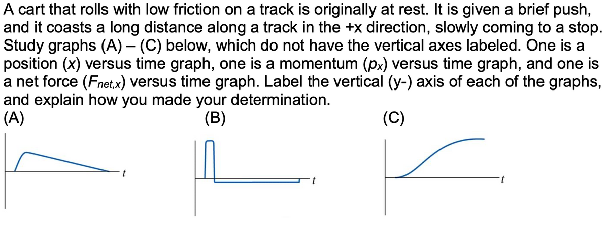 A cart that rolls with low friction on a track is originally at rest. It is given a brief push,
and it coasts a long distance along a track in the +x direction, slowly coming to a stop.
Study graphs (A) - (C) below, which do not have the vertical axes labeled. One is a
position (x) versus time graph, one is a momentum (px) versus time graph, and one is
a net force (Fnet,x) versus time graph. Label the vertical (y-) axis of each of the graphs,
and explain how you made your determination.
(A)
(B)
(C)
t