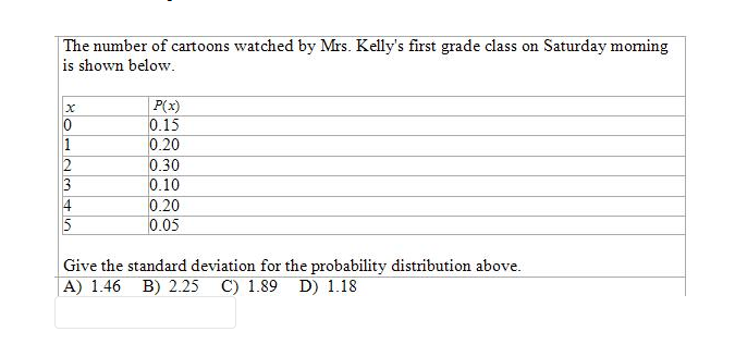 The number of cartoons watched by Mrs. Kelly's first grade class on Saturday moming
is shown below.
P(x)
0.15
0.20
0.30
2
3
0.10
4
5
0.20
0.05
Give the standard deviation for the probability distribution above.
A) 1.46 B) 2.25 C) 1.89 D) 1.18
