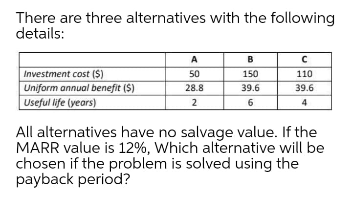 There are three alternatives with the following
details:
A
B
Investment cost ($)
50
150
110
Uniform annual benefit ($)
28.8
39.6
39.6
Useful life (years)
2
6
4
All alternatives have no salvage value. If the
MARR value is 12%, Which alternative will be
chosen if the problem is solved using the
payback period?
