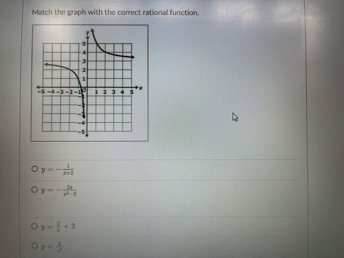 Match the graph with the correct rational function.
4
3
2
1.
-5-4-3-2-1
12 3
-4
O y = -
+2
Oy =-
22
Oy=+3
Oy=
2
