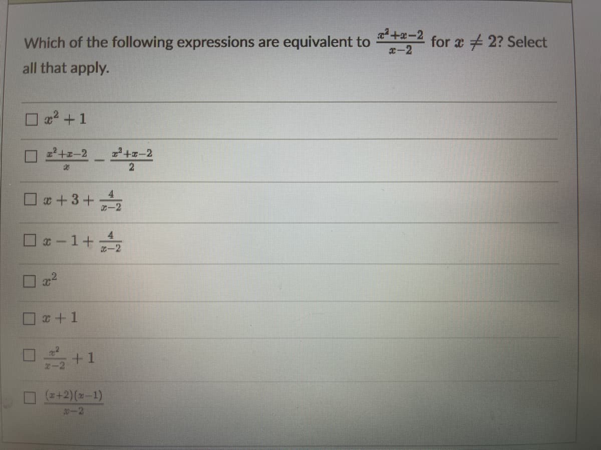 Which of the following expressions are equivalent to
ta-2
for a 2? Select
x-2
all that apply.
2 +1
2+z-2
7+-2
O x +3+
7-2
Oz-1+
4
-2
(=+2)(-1)
D-2
