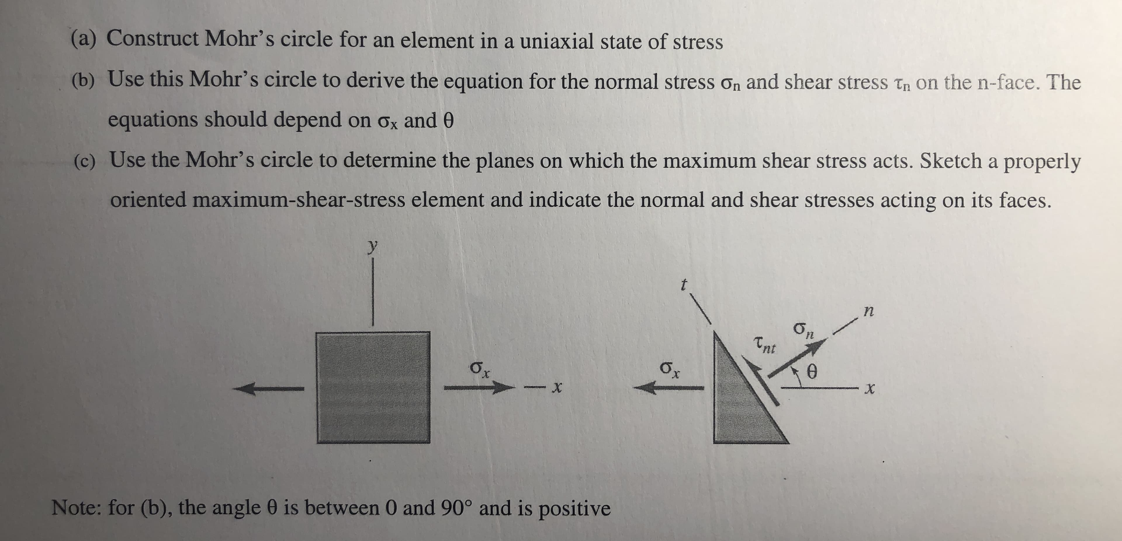 (a) Construct Mohr's circle for an element in a uniaxial state of stress
(b) Use this Mohr's circle to derive the equation for the normal stress On and shear stress En on the n-face. The
equations should depend on Ox and θ
(c) Use the Mohr's circle to determine the planes on which the maximum shear stress acts. Sketch a properly
oriented maximum-shear-stress element and indicate the normal and shear stresses acting on its faces.
Ơn
nt
o,
Note: for (b), the angle θ is between 0 and 90° and is positive
