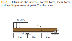 F7-3. Determine the internal normal force, shear force,
and bending moment at point C in the beam.
20 kN/m
Iomt:
-2 m-
