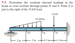 7-7. Determine the resultant internal loadings in the
beam at cross sections through points D and E. Point E is
just to the right of the 15-kN load.
15 kN
25 kN/m
-1.5 m-
-15 m-
2.

