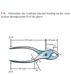 7-9. Determine the resultant internal loading on the cross
section through point D of the pliers.
20 N
-120 mm-
40 mm-
15 mm.
-80 mm
30
20 N
