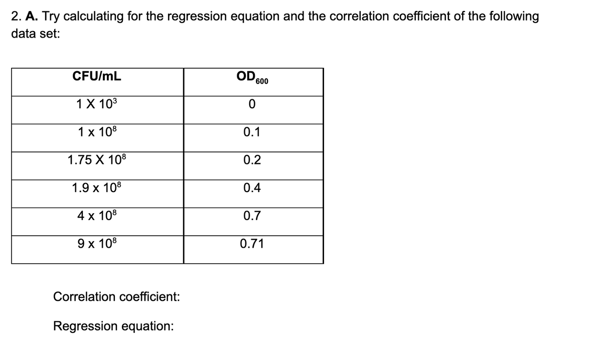 2. A. Try calculating for the regression equation and the correlation coefficient of the following
data set:
CFU/mL
OD,
600
1 X 103
1х 103
0.1
1.75 X 108
0.2
1.9 x 108
0.4
4 x 108
0.7
9х 108
0.71
Correlation coefficient:
Regression equation:
