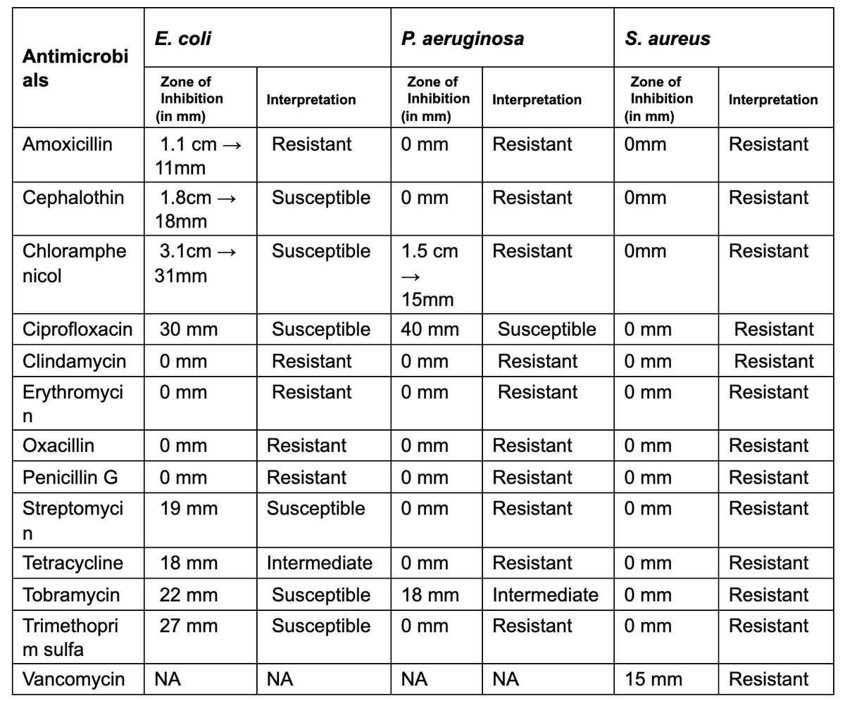 Е. coli
P. aeruginosa
S. aureus
Antimicrobi
als
Zone of
Zone of
Zone of
Inhibition
Interpretation
Inhibition
Interpretation
Inhibition
Interpretation
(in mm)
(in mm)
(in mm)
Amoxicillin
1.1 cm →
Resistant
O mm
Resistant
Omm
Resistant
11mm
Cephalothin
1.8cm
Susceptible
O mm
Resistant
Omm
Resistant
18mm
Chloramphe
3.1cm
Susceptible
1.5 cm
Resistant
Omm
Resistant
nicol
31mm
15mm
Ciprofloxacin
30 mm
Susceptible
40 mm
Susceptible
O mm
Resistant
Clindamycin
O mm
Resistant
O mm
Resistant
O mm
Resistant
Erythromyci
O mm
Resistant
O mm
Resistant
O mm
Resistant
Охасillin
O mm
Resistant
O mm
Resistant
O mm
Resistant
Penicillin G
O mm
Resistant
O mm
Resistant
0 mm
Resistant
Streptomyci
19 mm
Susceptible
O mm
Resistant
O mm
Resistant
Tetracycline
18 mm
Intermediate
O mm
Resistant
O mm
Resistant
Tobramycin
22 mm
Susceptible
18 mm
Intermediate
O mm
Resistant
Trimethopri
27 mm
Susceptible
O mm
Resistant
O mm
Resistant
m sulfa
Vancomycin
NA
NA
NA
NA
15 mm
Resistant
