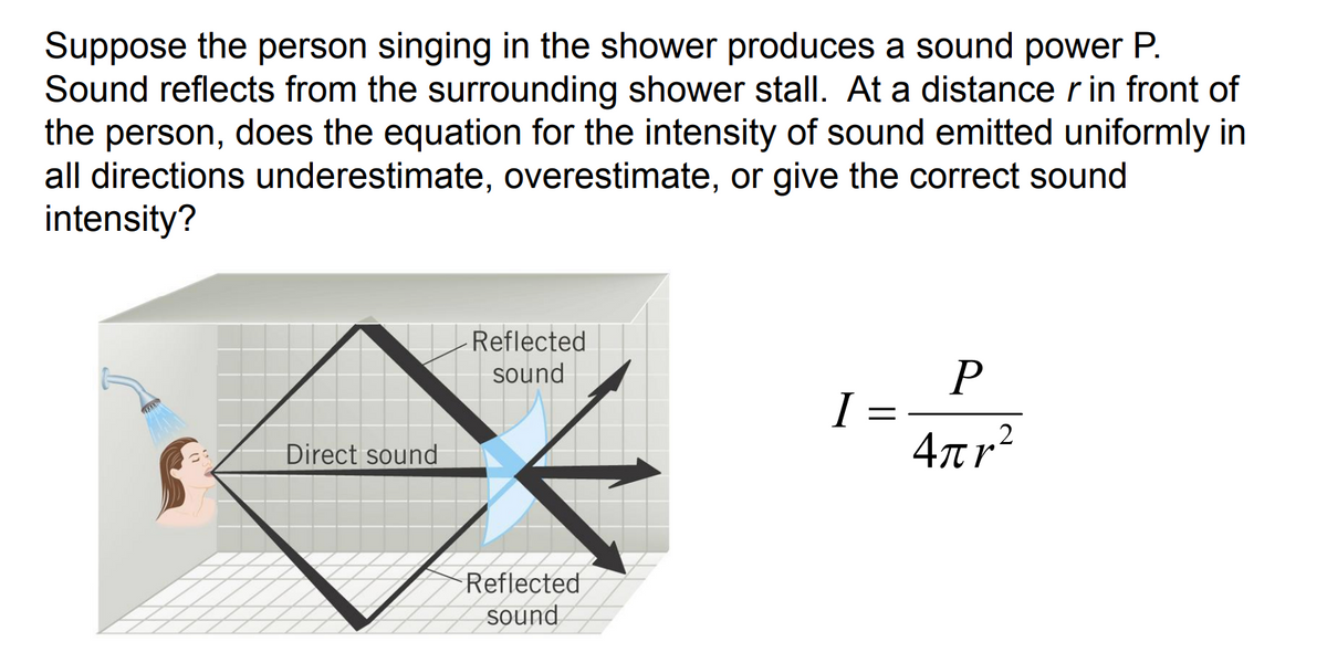 Suppose the person singing in the shower produces a sound power P.
Sound reflects from the surrounding shower stall. At a distance r in front of
the person, does the equation for the intensity of sound emitted uniformly in
all directions underestimate, overestimate, or give the correct sound
intensity?
TALLS
Direct sound
Reflected
sound
Reflected
sound
I
P
4πr²