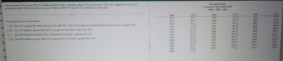 Average Annual
Consumer Price Index (CPI)
(1982 - 1984 - 100)
As
The Consumer Price Index (CPI) Is currently published willh a reforenco value of 100 for the years 1982-1984. Suppose the CPI were
recalculated with 1995 as the reference yoar. What would the CPI for 2012 be? Explain your reasoning.
Sti
CPI
124.0
Year
CPI
Year
Year
CPI
56.9
1989
2001
177 1
1976
2002
179.9
130 7
136.2
140.3
144.5
148 2
Sti
Choose the correct answer below.
1977
60 6
1990
65.2
1991
2003
184.0
1978
O A. The CPl would be the same (229.6) as it is with 1982-1984 as the reler ence period, because the now index is equal to 100.
188.9
2004
72.6
82.4
90 9
1992
1993
1979
eT
2005
195.3
1980
1981
1982
1983
O B. The CPl would be greater than 229.6, because the new index is less than 100
201.6
1994
2006
2007
2073
O C. The CPI would be less than 229.6, because the new index Is greater than 100.
152.4
156 9
96.5
1995
Ch
1996
2008
215.3
O D. The CPI would be greater than 229.6, because tho new index is grealar than 100
99.6
103.9
2009
214.5
160.5
163.0
166.6
172.2
1984
1997
Ac
107.6
1998
2010
218.1
1985
224.9
2011
2012
1986
1987
1988
109.6
1999
229.6
113.6
118 3
2000
Sti
To
