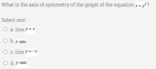 What is the axis of symmetry of the graph of the equation x = y*?
Select one:
O a. line y = x
O b. x-axis
O c. line y = -x
O d. y-axis
