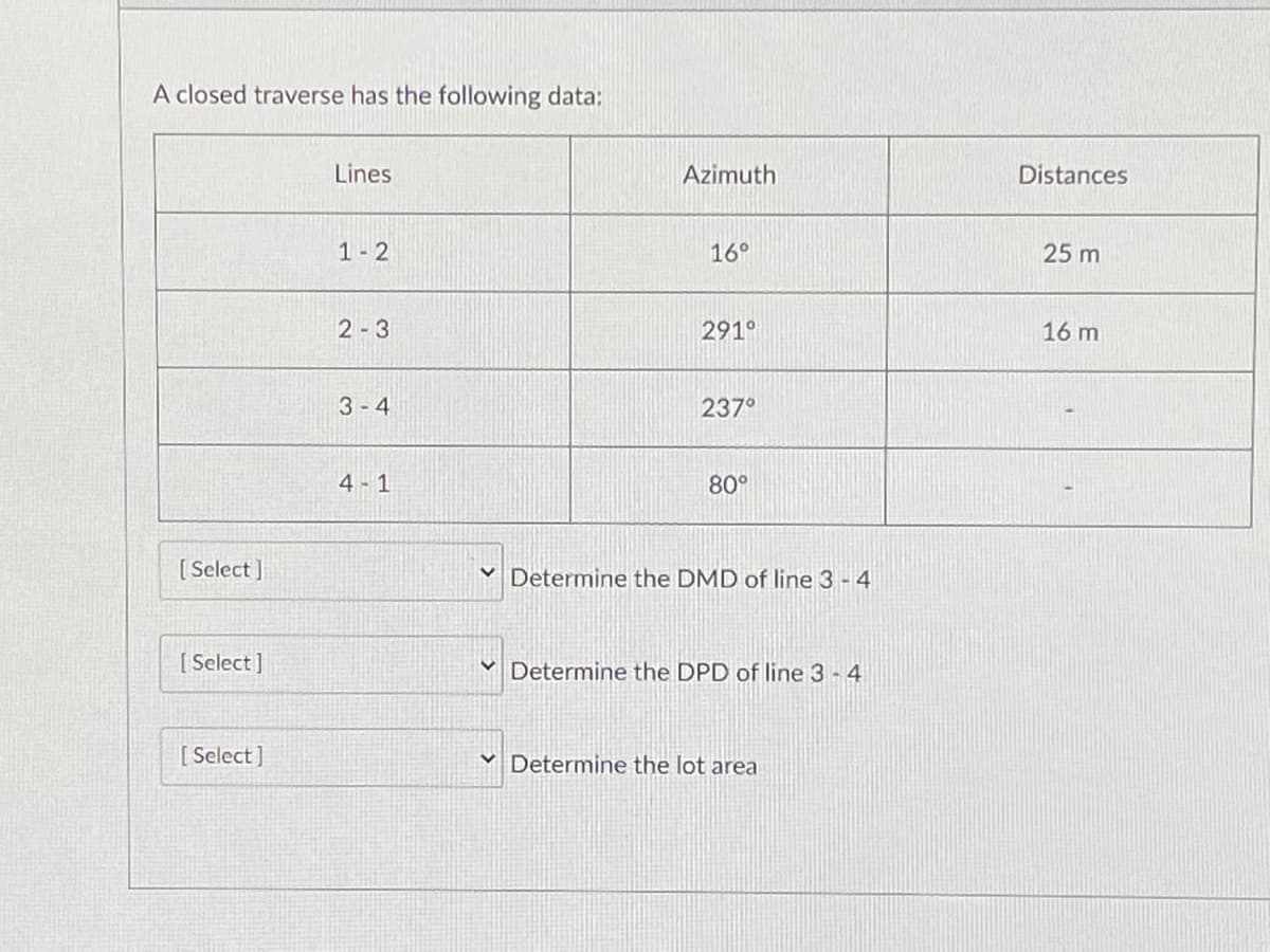 A closed traverse has the following data:
Lines
Azimuth
Distances
1-2
16°
25 m
2 -3
291°
16 m
3-4
237°
4 1
80°
[ Select ]
Determine the DMD of line 3 - 4
[ Select]
Determine the DPD of line 3 - 4
[ Select ]
Determine the lot area
