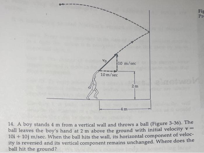 vo
10 m/sec.
10 m/sec
-4 m-
2m
14. A boy stands 4 m from a vertical wall and throws a ball (Figure 3-36). The
ball leaves the boy's hand at 2 m above the ground with initial velocity v =
10i + 10j m/sec. When the ball hits the wall, its horizontal component of veloc-
ity is reversed and its vertical component remains unchanged. Where does the
ball hit the ground?
Fig
Pre
