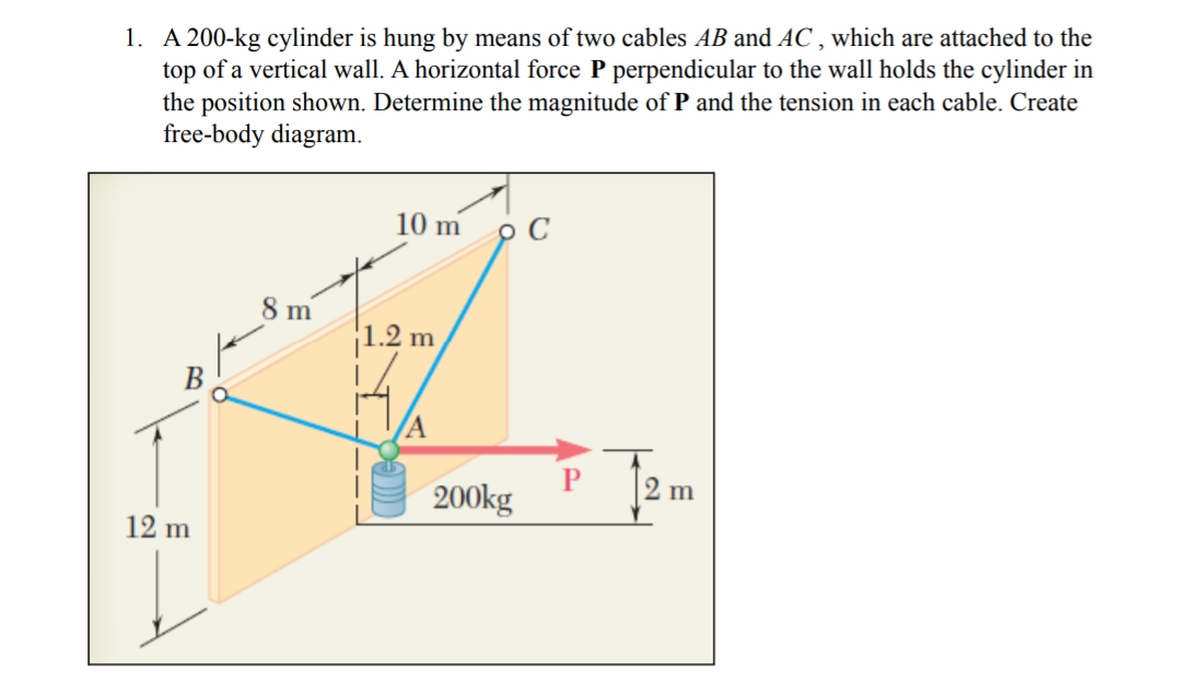 1. A 200-kg cylinder is hung by means of two cables AB and AC, which are attached to the
top of a vertical wall. A horizontal force P perpendicular to the wall holds the cylinder in
the position shown. Determine the magnitude of P and the tension in each cable. Create
free-body diagram.
12 m
8 m
10 m
1.2 m
A
200kg
2 m