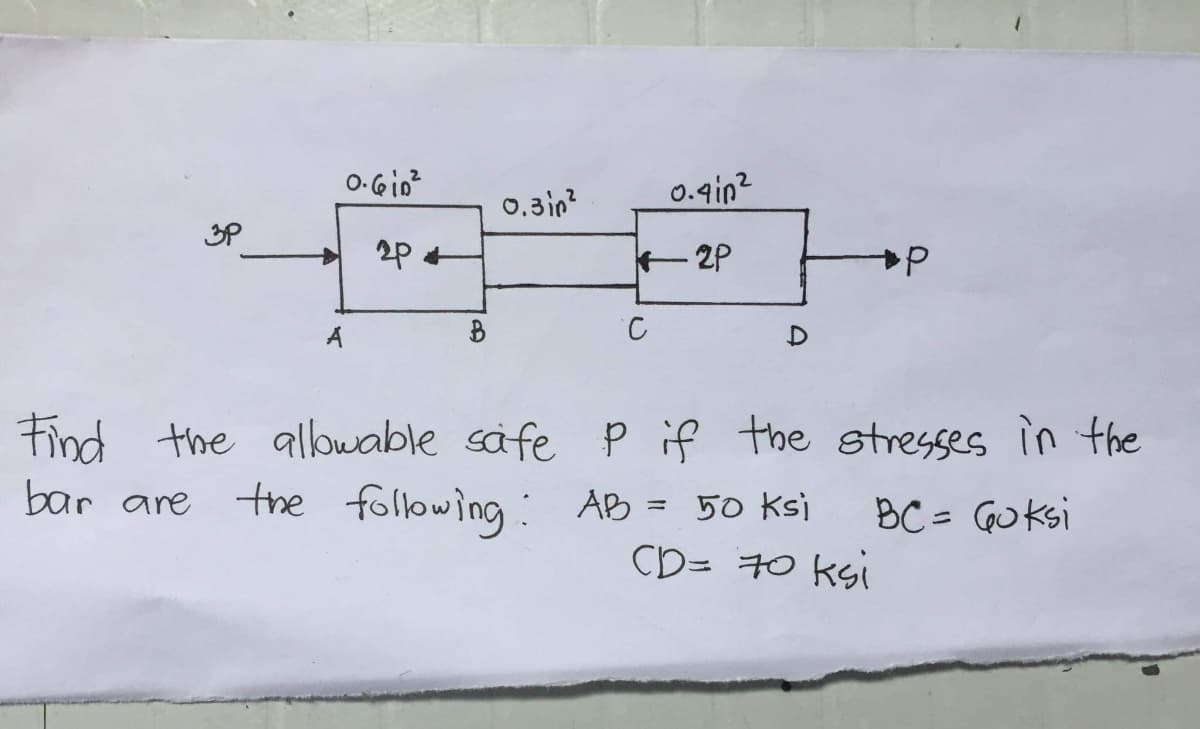 0,3in?
0.4in2
3P
2P
A
Find the allowable safe P if the stresses in the
the folowing : AB = 50 ksi
bar are
BC = GUksi
CD= 70 ksi
