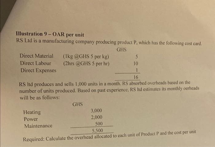 Illustration 9-OAR per unit
RS Ltd is a manufacturing company producing product P, which has the following cost card.
GHS
Direct Material (1kg @GHS 5 per kg)
Direct Labour
(2hrs @GHS 5 per hr)
Direct Expenses
Heating
Power
Maintenance
5
10
16
RS ltd produces and sells 1,000 units in a month. RS absorbed overheads based on the
number of units produced. Based on past experience, RS ltd estimates its monthly oerheads
will be as follows:
GHS
1
3,000
2,000
500
5,500
Required: Calculate the overhead allocated to each unit of Product P and the cost per unit