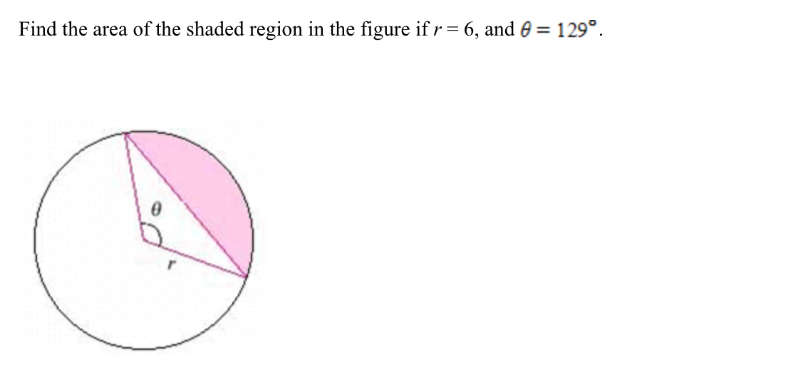 Find the area of the shaded region in the figure if r= 6, and 0 = 129°.
%3D
