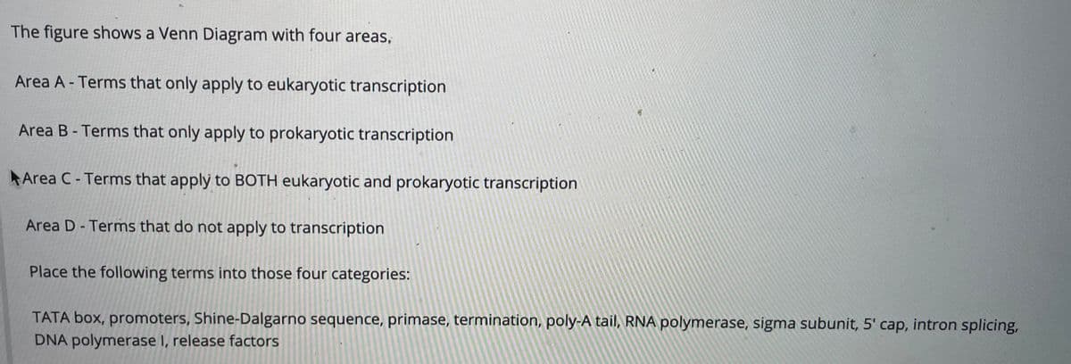 The figure shows a Venn Diagram with four areas,
Area A - Terms that only apply to eukaryotic transcription
Area B- Terms that only apply to prokaryotic transcription
Area C- Terms that apply to BOTH eukaryotic and prokaryotic transcription
Area D- Terms that do not apply to transcription
Place the following terms into those four categories:
TATA box, promoters, Shine-Dalgarno sequence, primase, termination, poly-A tail, RNA polymerase, sigma subunit, 5' cap, intron splicing,
DNA polymerase I, release factors

