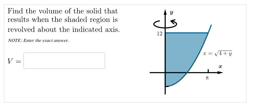 Find the volume of the solid that
results when the shaded region is
revolved about the indicated axis.
NOTE: Enter the exact answer.
12
V =
У
x = √√4+ y
8
8