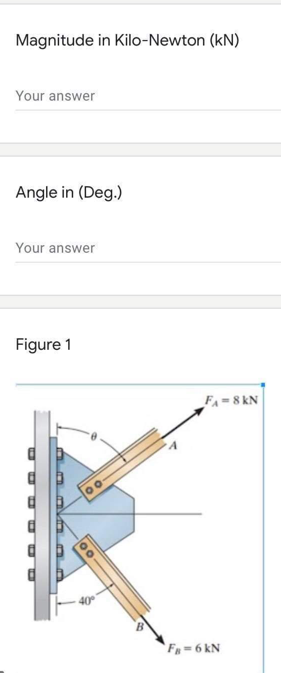 Magnitude in Kilo-Newton (kN)
Your answer
Angle in (Deg.)
Your answer
Figure 1
FA=8 kN
40°
`FB = 6 kN
