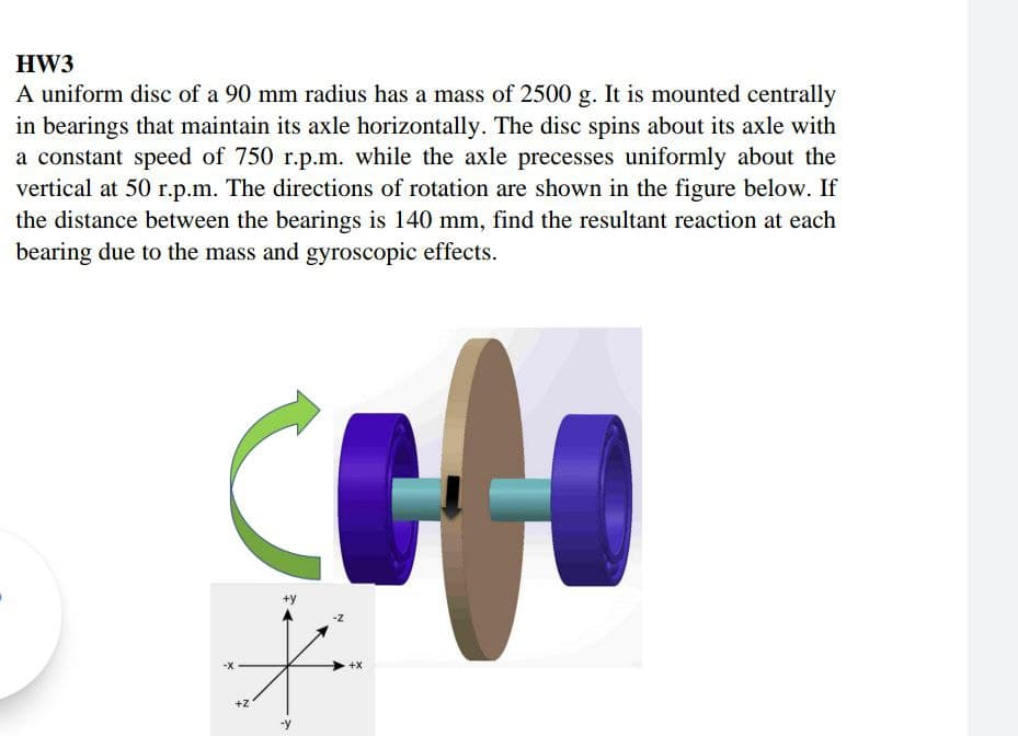 HW3
A uniform disc of a 90 mm radius has a mass of 2500 g. It is mounted centrally
in bearings that maintain its axle horizontally. The disc spins about its axle with
a constant speed of 750 r.p.m. while the axle precesses uniformly about the
vertical at 50 r.p.m. The directions of rotation are shown in the figure below. If
the distance between the bearings is 140 mm, find the resultant reaction at each
bearing due to the mass and gyroscopic effects.
Cofi
†
-X
+X
+Z
-y