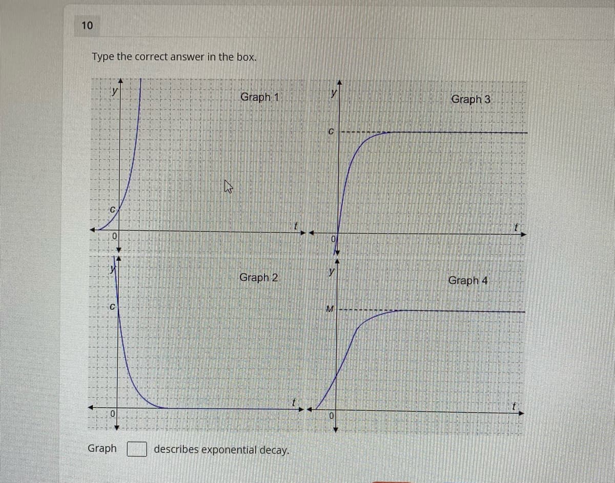 10
Type the correct answer in the box.
Graph 1
y
Graph 3
Graph 2
Graph 4
Graph
describes exponential decay.
