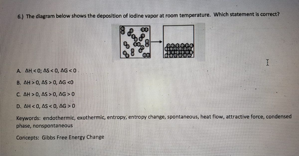 6.) The diagram below shows the deposition of iodine vapor at room temperature. Which statement is correct?
88
D:11中:0串
A. AH<0; AS <0, AG <0
B. AH > 0, AS > 0, AG <0
C. AH > 0, AS > 0, AG > 0
D. AH < 0, AS < 0, AG > 0
Keywords: endothermic, exothermic, entropy, entropy change, spontaneous, heat flow, attractive force, condensed
phase, nonspontaneous
Concepts: Gibbs Free Energy Change
