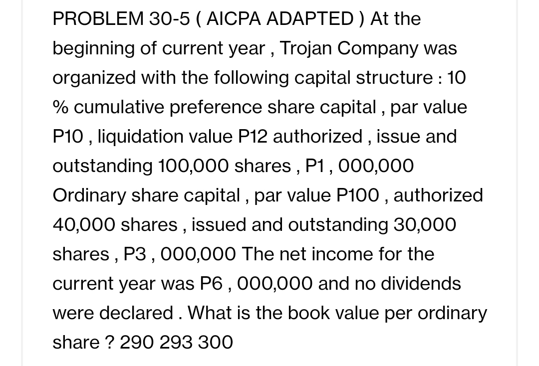 PROBLEM 30-5 (AICPA ADAPTED ) At the
beginning of current year , Trojan Company was
organized with the following capital structure : 10
% cumulative preference share capital , par value
P10 , liquidation value P12 authorized , issue and
outstanding 100,000 shares , P1, 000,000
Ordinary share capital , par value P100 , authorized
40,000 shares , issued and outstanding 30,000
shares , P3 , 000,000 The net income for the
current year was P6 , 000,000 and no dividends
were declared. What is the book value per ordinary
share ? 290 293 300
