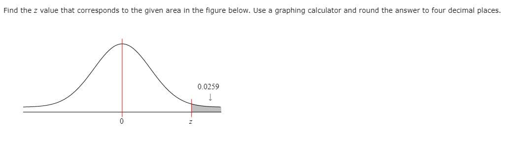 Find the z value that corresponds to the given area in the figure below. Use a graphing calculator and round the answer to four decimal places.
0.0259
