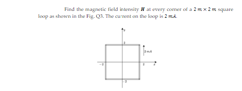 Find the magnetic field intensity H at every corner of a 2 m x 2 m square
loop as shown in the Fig. Q3. The current on the loop is 2 mA.
