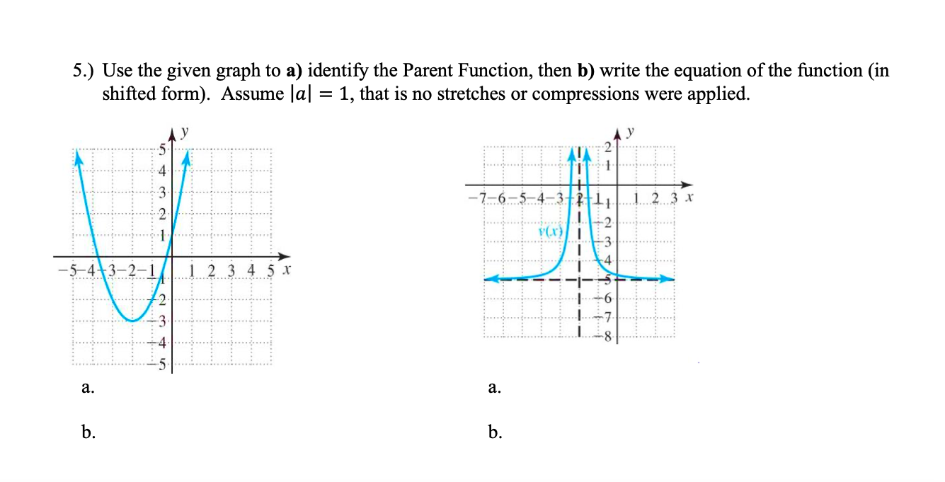 5.) Use the given graph to a) identify the Parent Function, then b) write the equation of the function (in
shifted form). Assume Ja| = 1, that is no stretches or compressions were applied.
%3D
3
-7-6
1 2 3 x
2-
1 2 3 45 x
а.
а.
b.
b.
