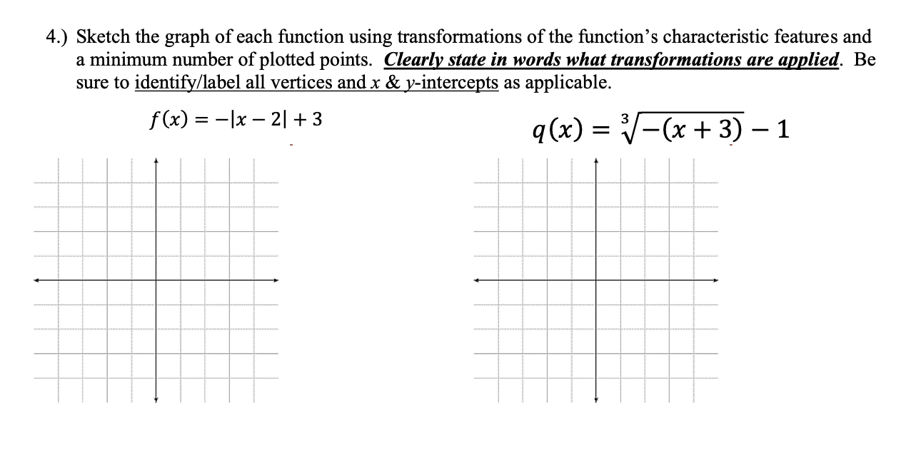 Sketch the graph of each function using transformations of the function's characteristic features and
a minimum number of plotted points. Clearly state in words what transformations are applied. Be
sure to identify/label all vertices and x & y-intercepts as applicable.
f(x) = -|x – 2| + 3
q(x) = V-(x + 3) – 1

