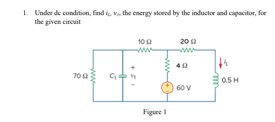 1. Under de condition, find i, v1, the energy stored by the inductor and capacitor, for
the given circuit
10 2
20 2
70Ω:
0.5 H
60 V
Figure 1
ww
