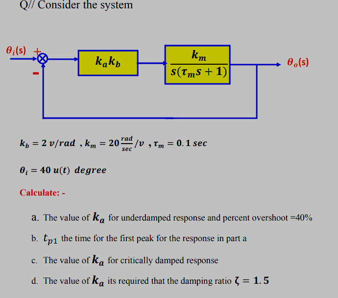 Q// Consider the system
0;(s)
km
kakp
0.(s)
s(Tms + 1)
rad
Кь 3 2 v/rad , kт 3D 20-/u , Tm 3 0.1 sec
sec
0, 3 40 и (t) degree
Calculate: -
a. The value of ka for underdamped response and percent overshoot =40%
b. tp1 the time for the first peak for the response in part a
c. The value of ka for critically damped response
d. The value of ka its required that the damping ratio 7 = 1.5
