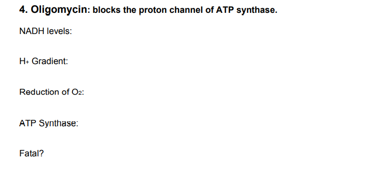 4. Oligomycin: blocks the proton channel of ATP synthase.
NADH levels:
H+ Gradient:
Reduction of O2:
ATP Synthase:
Fatal?
