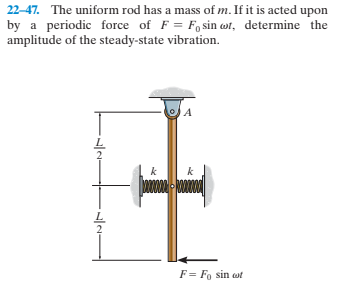 22-47. The uniform rod has a mass of m. If it is acted upon
by a periodic force of F = F, sin wi, determine the
amplitude of the steady-state vibration.
F= Fo sin wt
