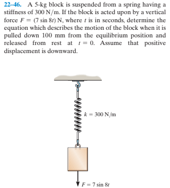 22-46. A 5-kg block is suspended from a spring having a
stiffness of 300 N/m. If the block is acted upon by a vertical
force F = (7 sin 81) N, where t is in seconds, determine the
equation which describes the motion of the block when it is
pulled down 100 mm from the equilibrium position and
released from rest at 1= 0. Assume that positive
displacement is downward.
k = 300 N/m
F = 7 sin 8t
