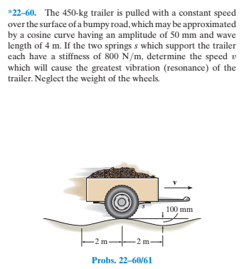 *22-60. The 450-kg trailer is pulled with a constant speed
over the surface of a bumpy road, which may be approximated
by a cosine curve having an amplitude of 50 mm and wave
length of 4 m. If the two springs s which support the trailer
each have a stiffness of 800 N/m, determine the speed v
which will cause the greatest vibration (resonance) of the
trailer. Neglect the weight of the wheels.
100 mm
2 m
Probs. 22-60/61

