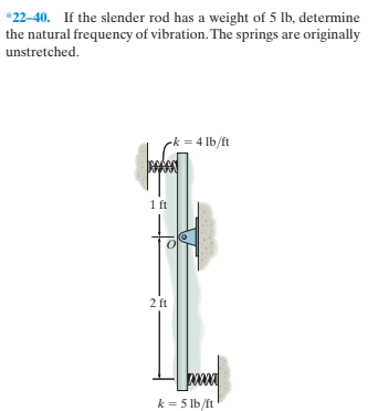 *22-40. If the slender rod has a weight of 5 lb, determine
the natural frequency of vibration. The springs are originally
unstretched.
-k = 4 lb/ft
1ft
tor
2 ft
k = 5 lb/ft
