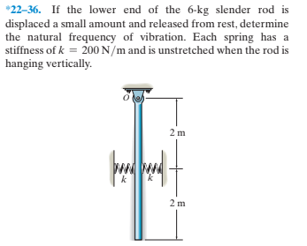 *22-36. If the lower end of the 6-kg slender rod is
displaced a small amount and released from rest, determine
the natural frequency of vibration. Each spring has a
stiffness of k = 200 N/m and is unstretched when the rod is
hanging vertically.
2 m
2 m
