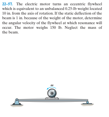 22-57. The electric motor turns an eccentric flywheel
which is equivalent to an unbalanced 0.25-lb weight located
10 in. from the axis of rotation. If the static deflection of the
beam is 1 in. because of the weight of the motor, determine
the angular velocity of the flywheel at which resonance will
occur. The motor weighs 150 lb. Neglect the mass of
the beam.
