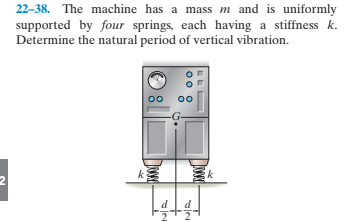 22–38. The machine has a mass m and is uniformly
supported by four springs, each having a stiffness k.
Determine the natural period of vertical vibration.
ik
2

