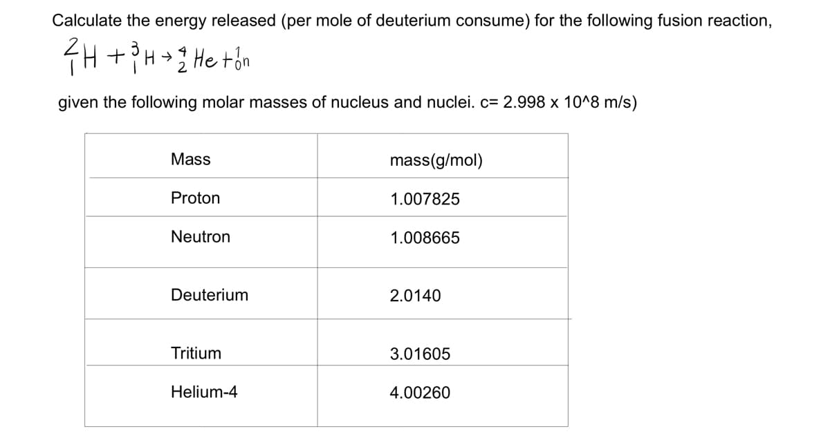 Calculate the energy released (per mole of deuterium consume) for the following fusion reaction,
GH +?H+3 He tồn
given the following molar masses of nucleus and nuclei. c= 2.998 x 10^8 m/s)
Mass
mass(g/mol)
Proton
1.007825
Neutron
1.008665
Deuterium
2.0140
Tritium
3.01605
Helium-4
4.00260
