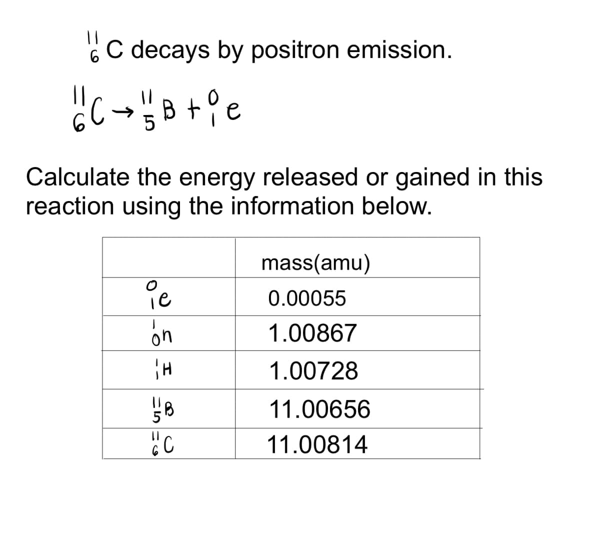 ||
6C decays by positron emission.
||
Calculate the energy released or gained in this
reaction using the information below.
mass(amu)
ie
0.00055
on
1.00867
1.00728
11.00656
11.00814
