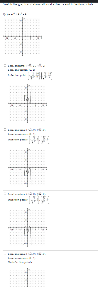 Sketch the graph and show all local extrema and inflection points.
f(x) = -x* + 4x - 4
O Local minima: (2, 0). (2, 0)
Local maximum: (0, 4)
E 16)
Inflection poit:
O Local maxima: (-2, 0). (E, 0)
Local minimum: (0, -4)
Inflection points:
O Local maxima: (-2, 0). (E, 0)
Inflection points:
O Local maxima: (-2, 0). (2.01
Local minimum: (0, -4)
No inflection points
