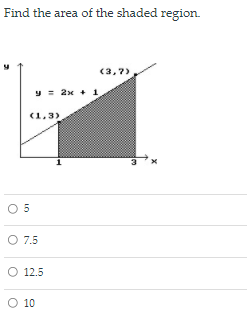 Find the area of the shaded region.
(3,7)
y = 2x + 1
(1,3)
3
O 7.5
O 12.5
O 10
LO
