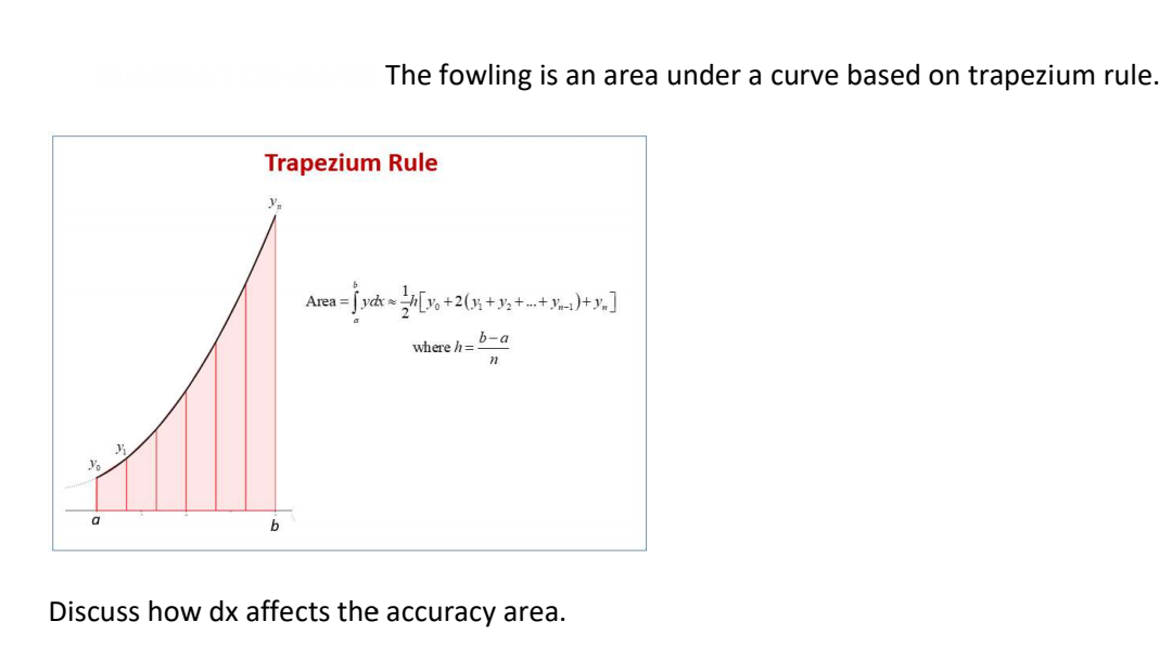 The fowling is an area under a curve based on trapezium rule.
Trapezium Rule
Area =
b-a
where h=
Discuss how dx affects the accuracy area.
