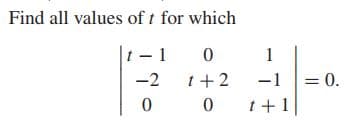 Find all values of t for which
t 1
1
= 0.
t +2
0 t+1
-2
-1
