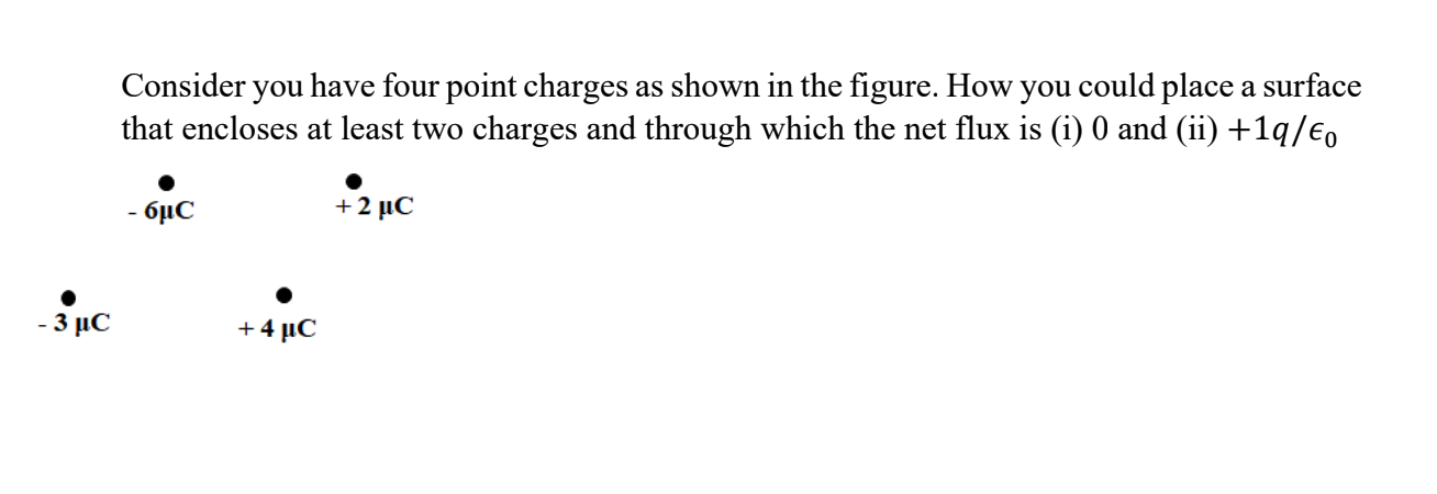 Consider you have four point charges as shown in the figure. How you could place a surface
that encloses at least two charges and through which the net flux is (i) 0 and (ii) +1q/€o
- 6μC
+2 μC
-3 μC
+4 μC
